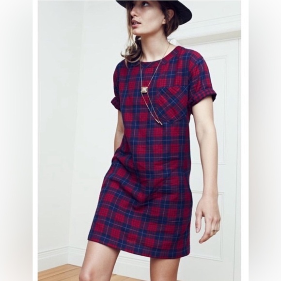 MADEWELL EDINA RED BLUE PLAID SHIRT SHIFT DRESS FLANNEL COTTON SIZE XXS - Picture 2 of 11